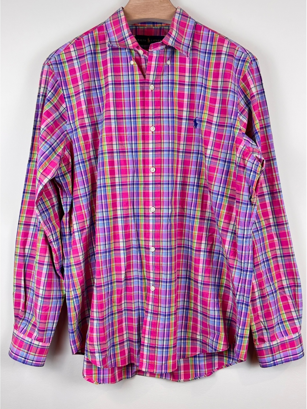 Ralph Lauren Men’s L Pink Multicolor Plaid Cotton Button Down Pony Shirt
